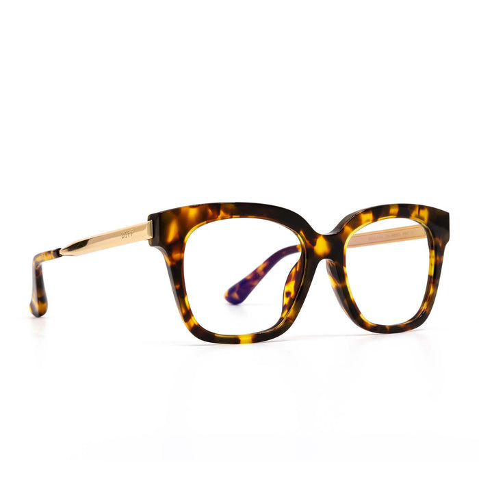 diff eyewear bella xs square glasses with a amber tortoise acetate frame and prescription lenses angled view