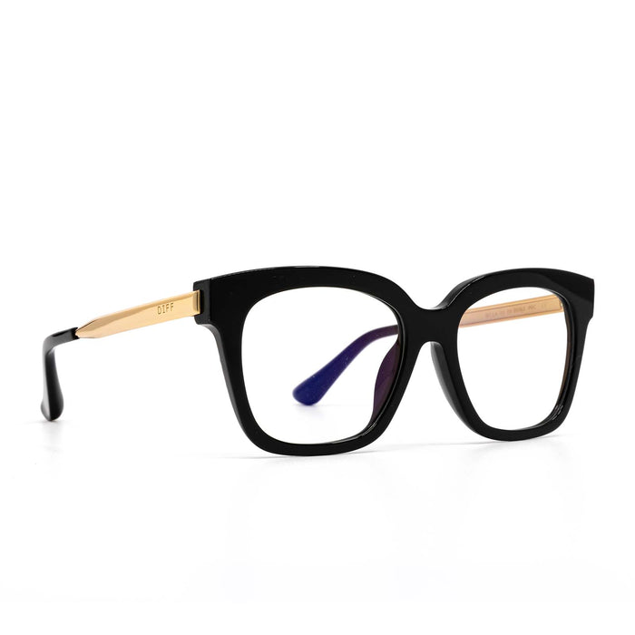 diff eyewear bella xs square glasses with a black acetate frame and prescription lenses angled view