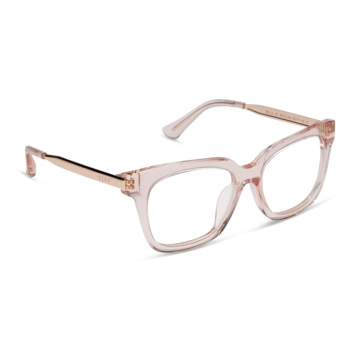 Bella XS prescription eyeglasses with blush crystal frames angle view