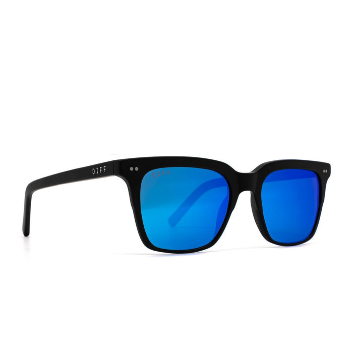 Billie sunglasses with matte black frame and blue mirror lens-angle view
