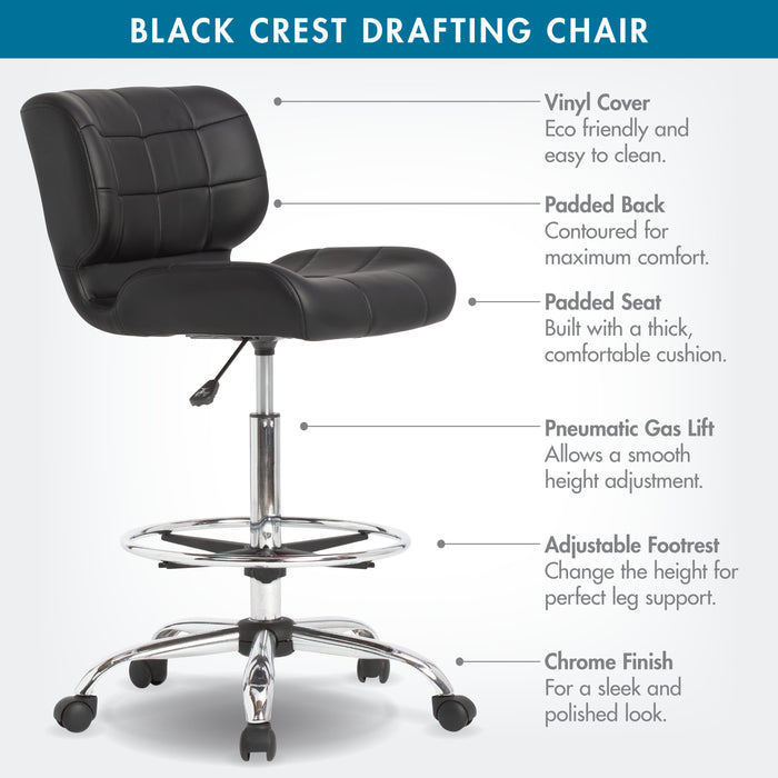 Black Crest Height Adjustable Drafting Chair with Foot Ring, Black 10659