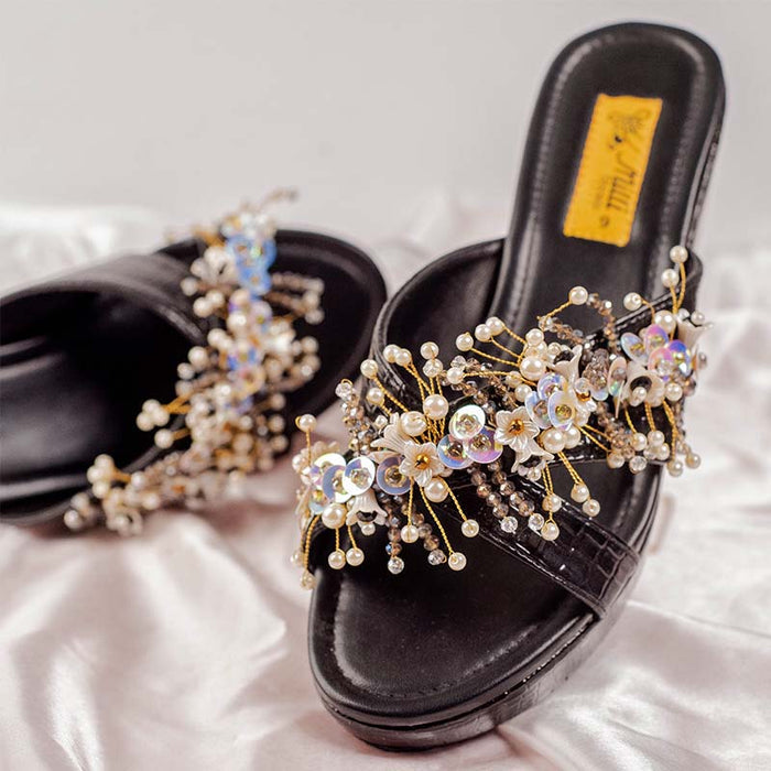 Black Fancy Wedge Heel Slipper
