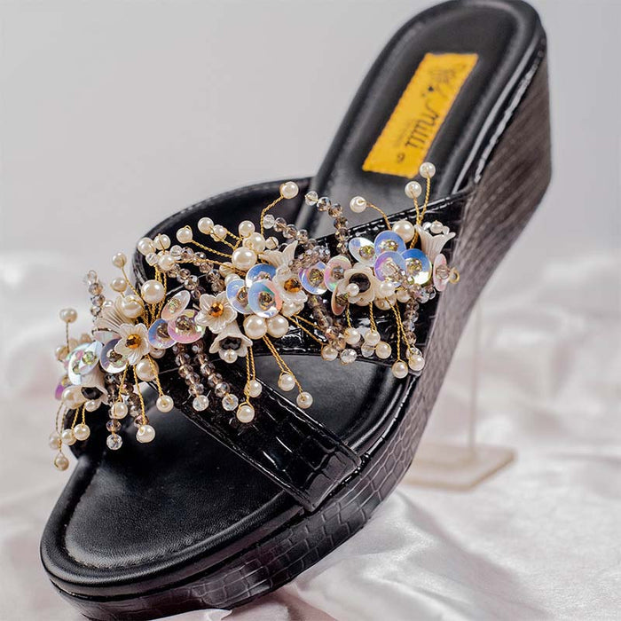 Black Fancy Wedge Heel Slipper