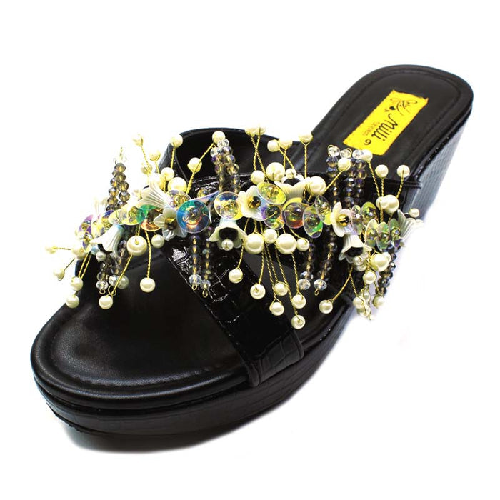 Black Fancy Wedge Heel Slipper