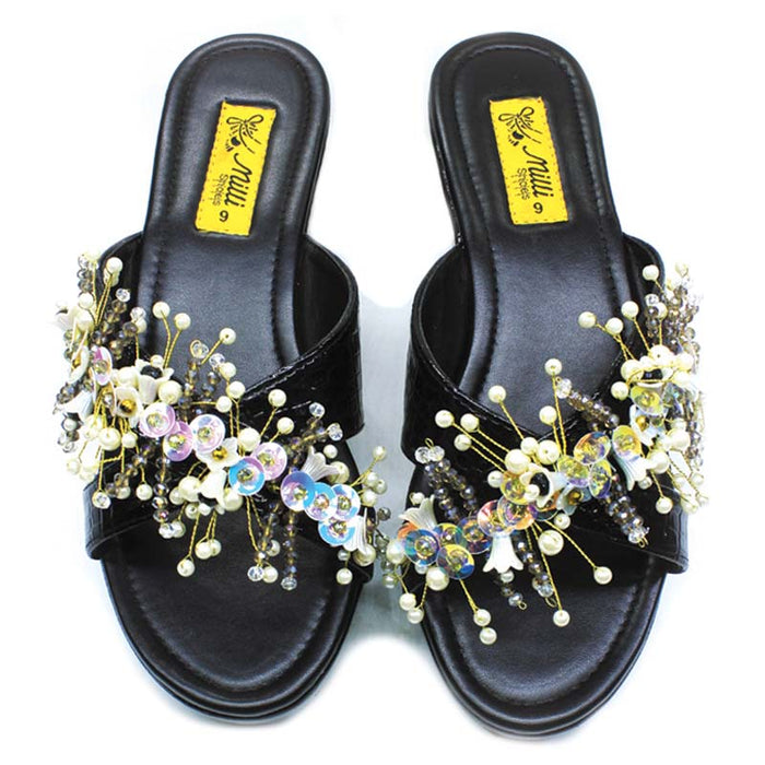 Black Fancy Wedge Heel Slipper