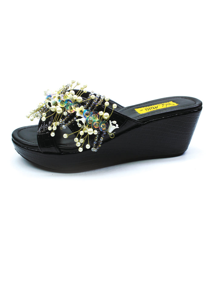 Black Fancy Wedge Heel Slipper