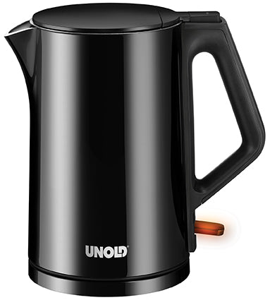 Der Unold Blitzkocher Design 1,4 L ist ein eleganter schwarzer Wasserkocher mit Griff und Ausguss, der auf der Vorderseite das UNOLD-Logo trägt und in der Nähe des Sockels eine orangefarbene Kontrollleuchte aufweist.