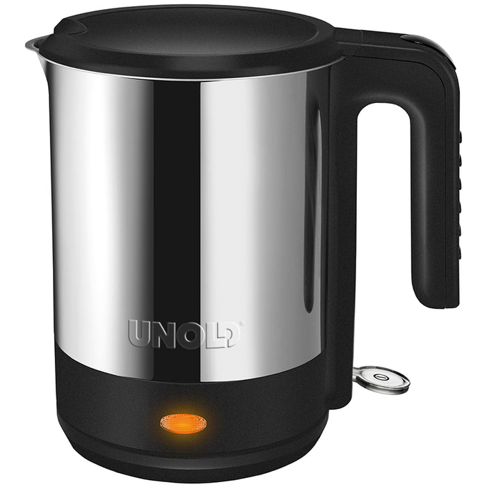 Der Unold Blitzkocher Edel 1,5 L ist ein Wasserkocher aus Edelstahl mit schwarzem Griff und Sockel, einer leuchtenden orangefarbenen Betriebsanzeige und dem Unold-Logo auf der Vorderseite.