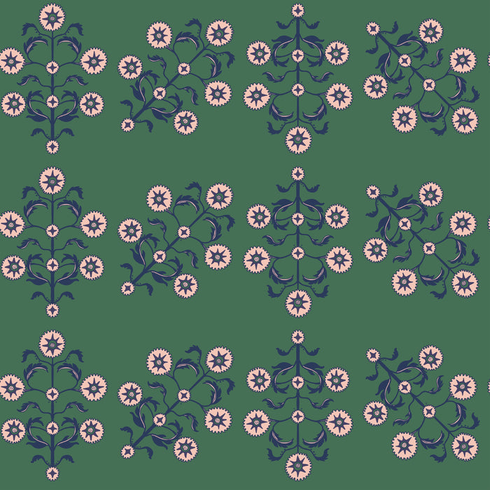 Up-close swatch of Block Print Floral WALLPAPER in green.
