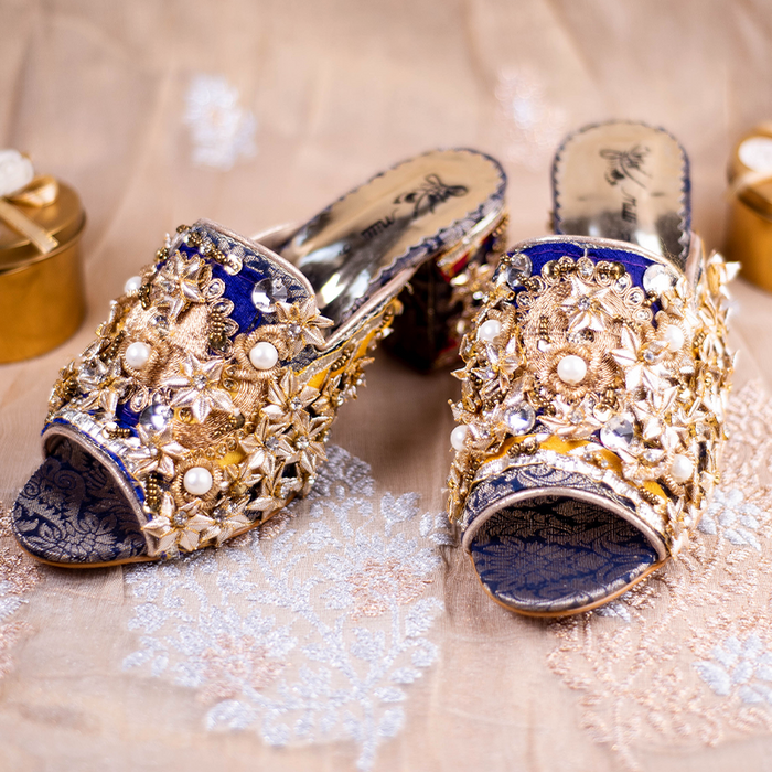 Blue Fancy Block Heel Slipper