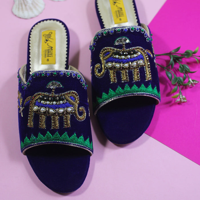 Blue Fancy Velvet Ladies Slipper