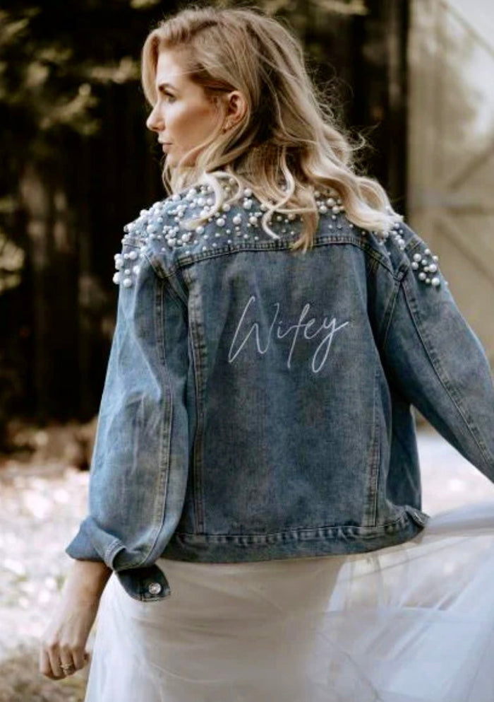 Bride Beaded Denim Jacket | Custom Embroidery Travellers Hat Boutique