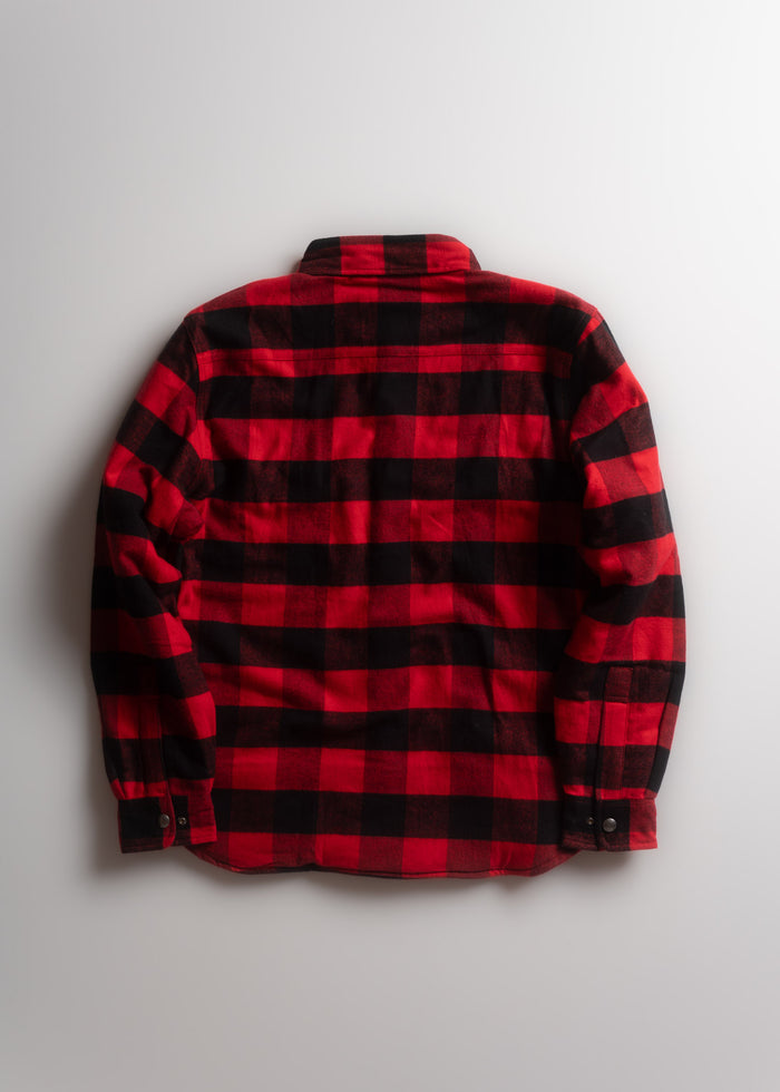 Red and black checkered flannel shirt displayed on a white background, showcasing the back design and buttoned cuffs.