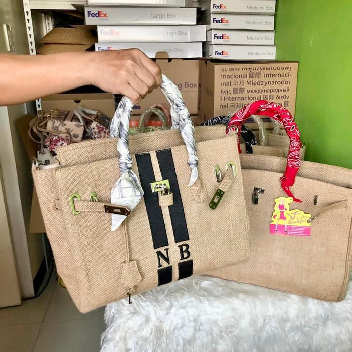 Burlap O'Kelly handbag tote bag with black stripes and scarf-wrapped handles by Travellers Hat Boutique