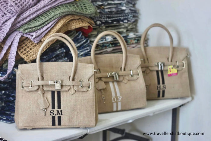 Burlap O'Kelly handbag tote bags with personalized initials in natural burlap material from Travellers Hat Boutique