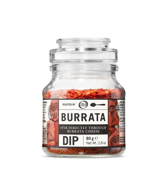 Jar of Burrata dip with visible burrata herbs and tomato ingredients.