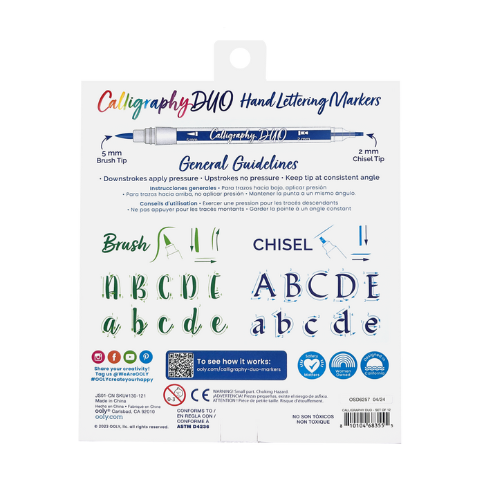 Back of packaging with OOLY Calligraphy Duo Double-Ended Markers