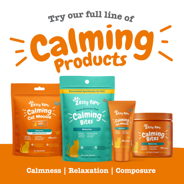 Zesty Paw calming products for cats including mousse, bites, and supplements in orange and teal packaging.