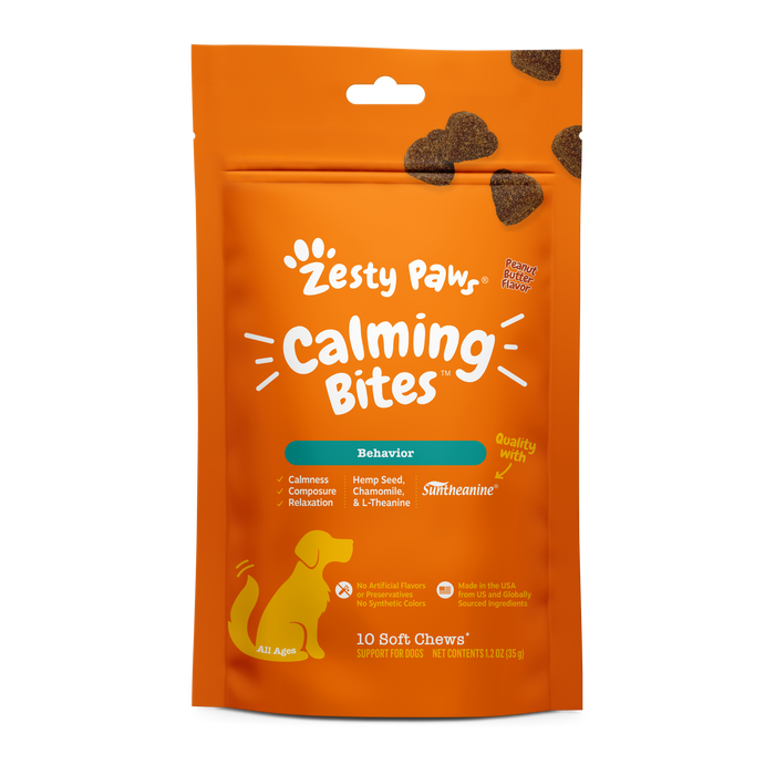 Orange Zesty Paw Calming Bites pouch with white text, paw logo, and yellow dog silhouette, containing 10 soft chews.