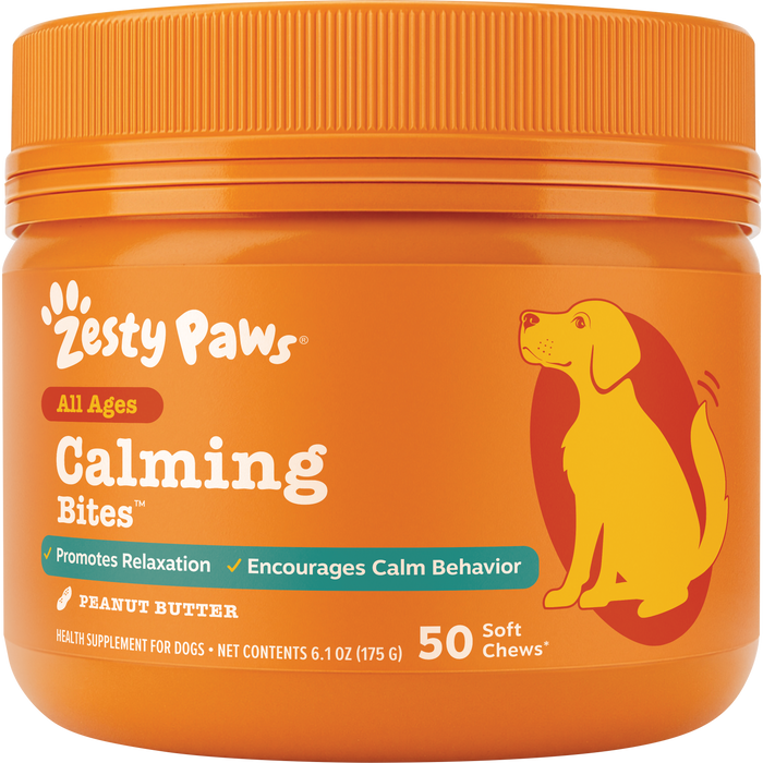 Orange jar of Zesty Paws Calming Bites dog treats with peanut butter flavor, 50 soft chews, 6.1 oz.