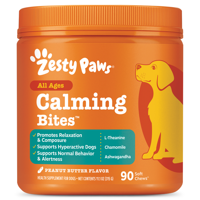 Orange jar of Zesty Paws Calming Bites dog treats with peanut butter flavor, 90 soft chews, featuring yellow dog illustration