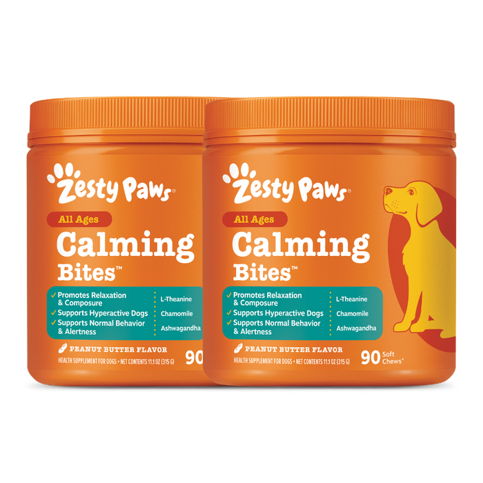 Two orange Zesty Paws Calming Bites containers with peanut butter flavor, featuring a yellow dog illustration and product det