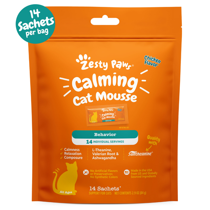 Orange Zesty Paw Calming Cat Mousse package with 14 sachets, chicken flavor, containing L-Theanine and calming herbs.