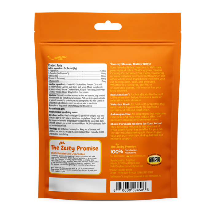 Orange resealable pouch of Calming Cat Mousse with product facts, ingredients, and usage instructions printed on back.