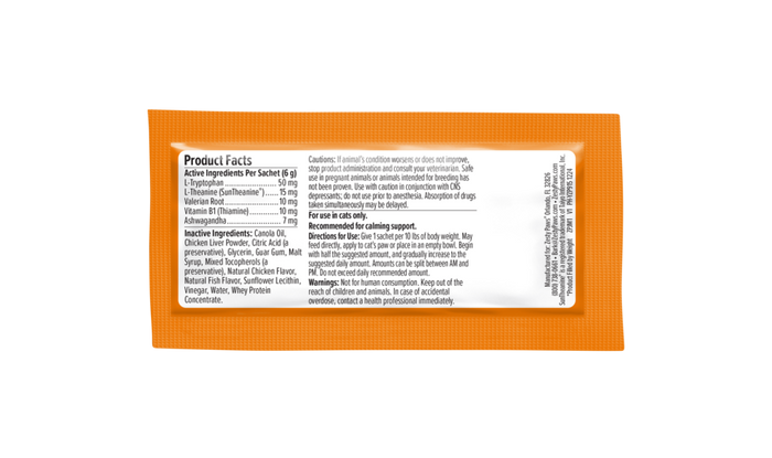 Orange packet with white product facts label listing active ingredients and usage instructions for cat supplement.