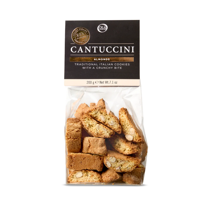 Packaged traditional Italian almond cookies, Cantuccini, in a clear plastic bag with branding and product information.
