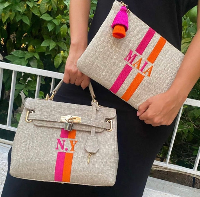 Custom O'Kelly tote bag and clutch with pink and orange stripes and personalized initials N.Y. and Maia