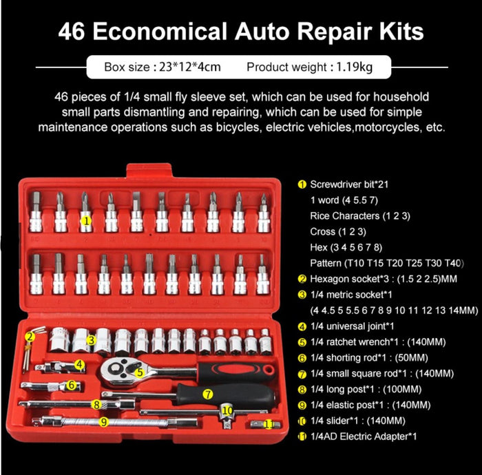 Car Repair Tool Kit 1/4Inch Socket Set Car Repair Tool Ratchet Torque Wrench Combo Auto Repairing Tool Set