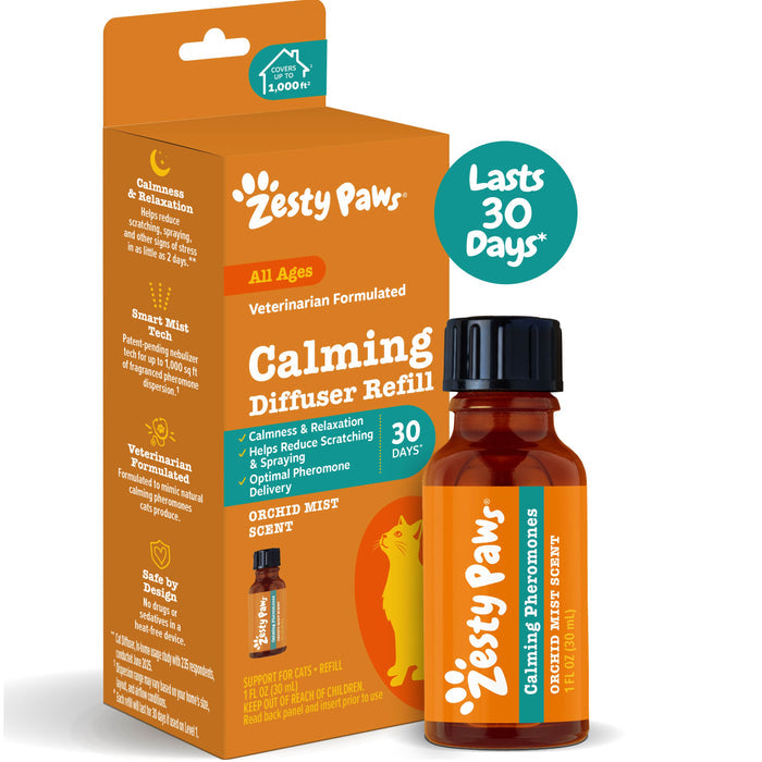 Zesty Paws calming diffuser refill bottle with orchid mist scent in amber glass, displayed with orange packaging box.