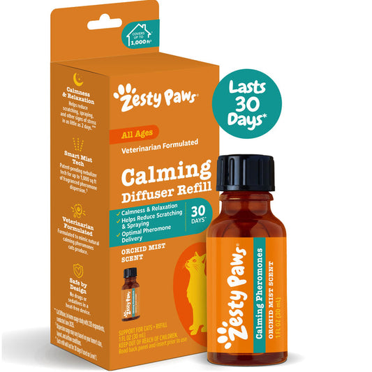 Zesty Paws calming diffuser refill bottle with orchid mist scent in amber glass, displayed with orange packaging box.