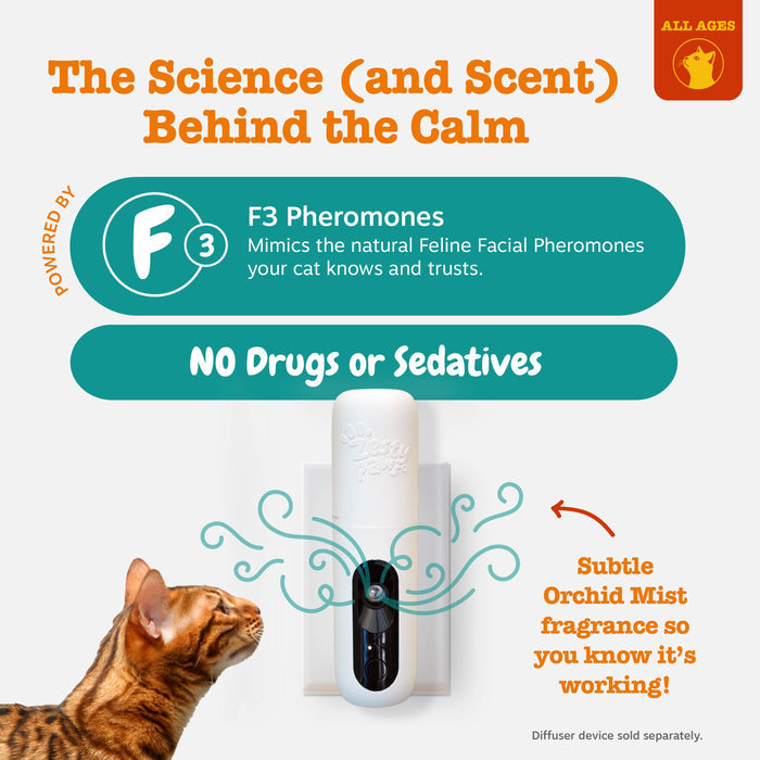 White cylindrical diffuser refill with cat pheromone formula and subtle orchid mist fragrance.