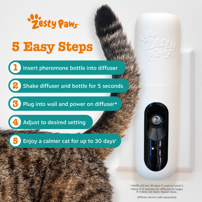 White cylindrical diffuser with black control panel next to tabby cat, displaying five numbered instruction steps for use.