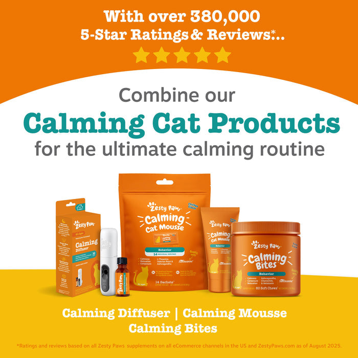 White cylindrical diffuser with orange bottle and black dial control for cat calming pheromone refill.