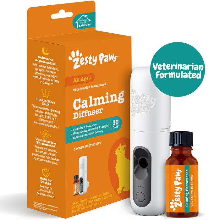 White Zesty Paws calming diffuser with brown glass refill bottle and orange packaging box labeled "30 Days."