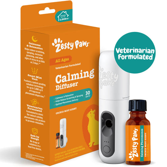 White Zesty Paws calming diffuser with brown glass refill bottle and orange packaging box labeled "30 Days."
