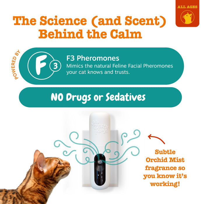 White and black cat diffuser with teal mist swirls, orange tabby cat looking upward, and text describing F3 pheromones and or