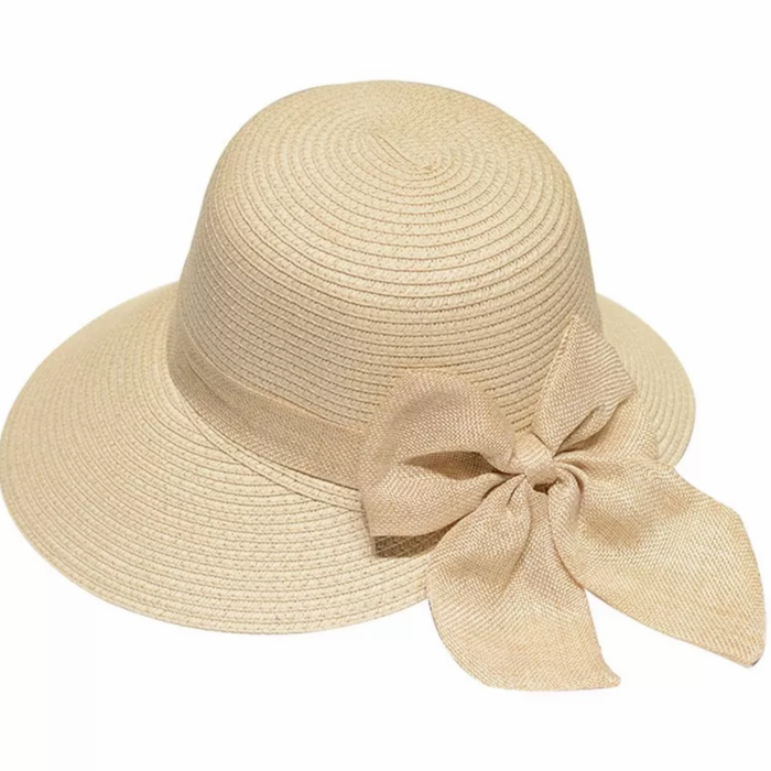 Personalized straw hat for women with wide brim and decorative bow by Travellers Hat Boutique