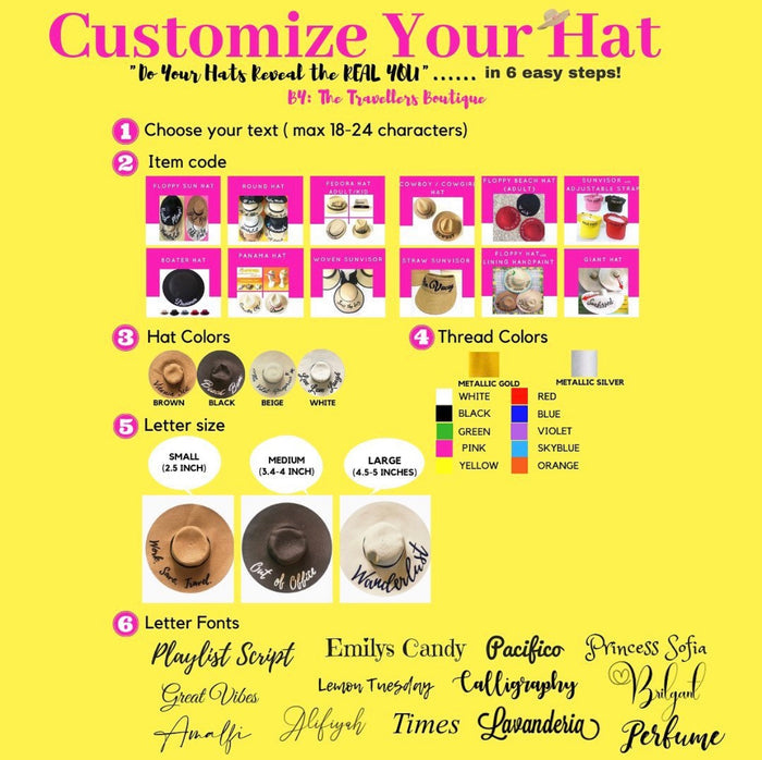 Customizable personalized straw hat for women with options for text, colors, sizes, and fonts by Travellers Hat Boutique