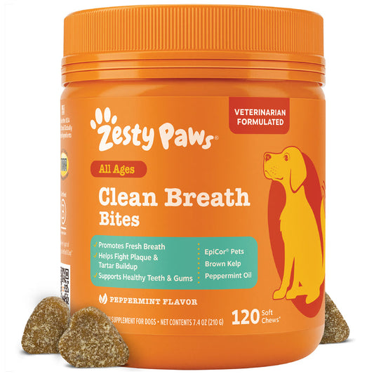 Orange jar of Zesty Paws Clean Breath Bites for dogs with peppermint flavor, containing 120 soft chews.