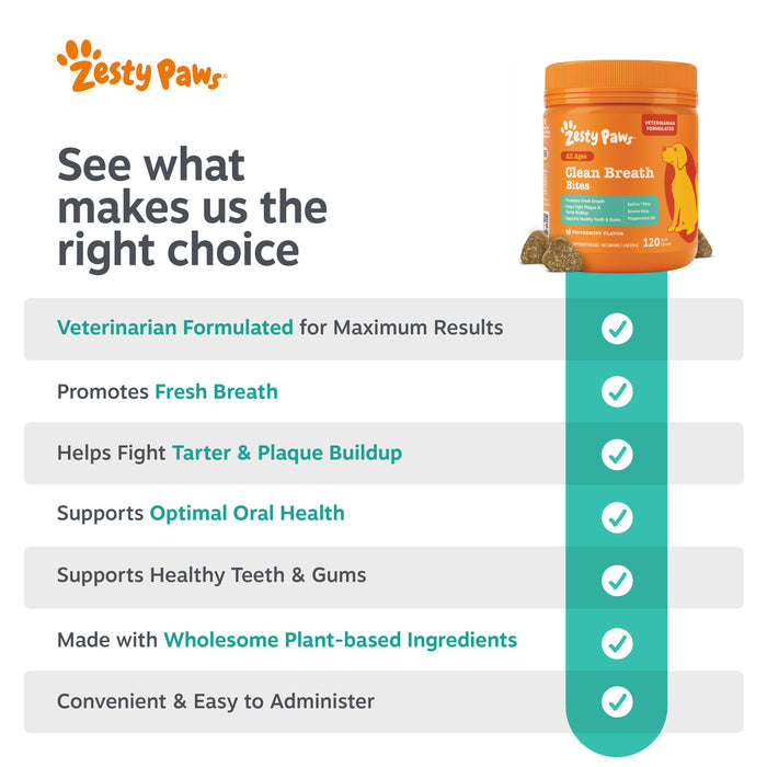 Orange Zesty Paws Clean Breath Bites container with 120 treats and product benefit information displayed.