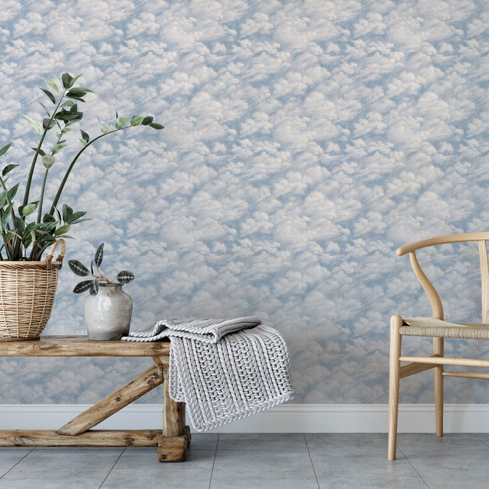 Tempaper's Clouds Peel And Stick Wallpaper in light blue shown behind a plant and chair.