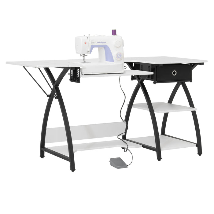 Comet Plus Hobby/Office/Sewing Desk with Fold-Down Top, Height Adjustable Platform, Bottom Shelf and Fabric Drawer Black/White 13372