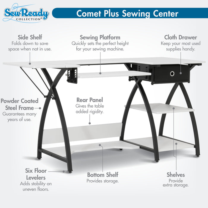 Comet Plus Hobby/Office/Sewing Desk with Fold-Down Top, Height Adjustable Platform, Bottom Shelf and Fabric Drawer Black/White 13372