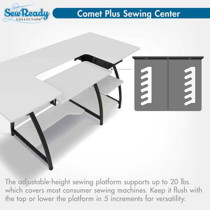 Comet Plus Hobby/Office/Sewing Desk with Fold-Down Top, Height Adjustable Platform, Bottom Shelf and Fabric Drawer Black/White 13372