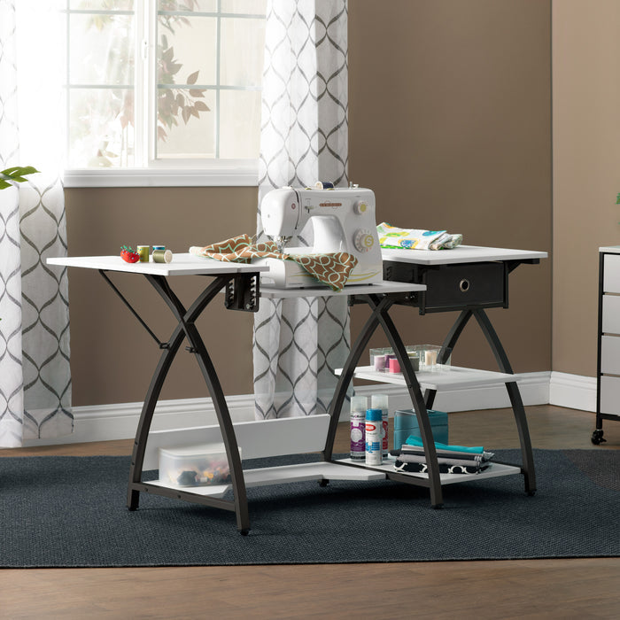 Comet Plus Hobby/Office/Sewing Desk with Fold-Down Top, Height Adjustable Platform, Bottom Shelf and Fabric Drawer Black/White 13372