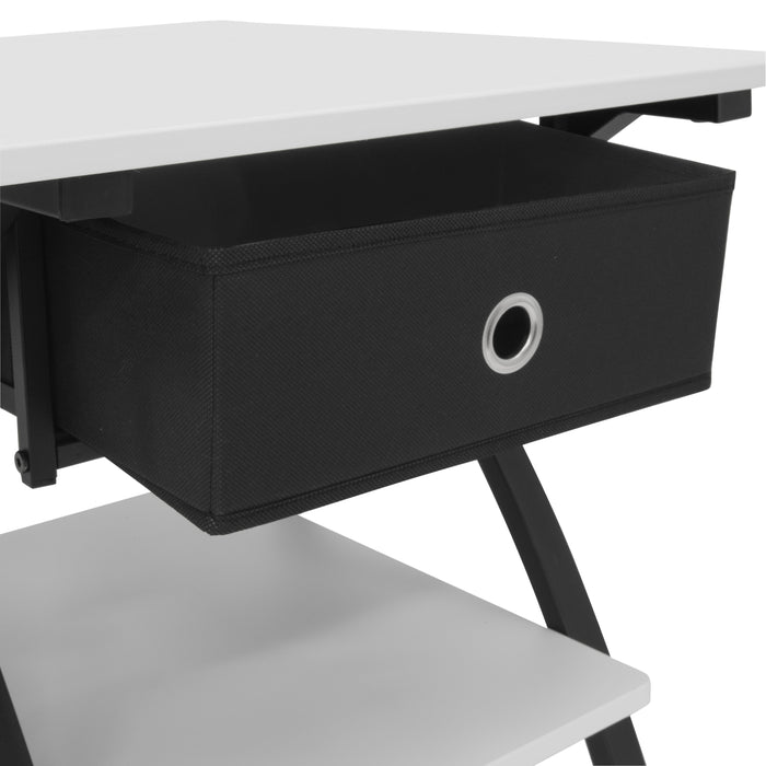 Comet Plus Hobby/Office/Sewing Desk with Fold-Down Top, Height Adjustable Platform, Bottom Shelf and Fabric Drawer Black/White 13372